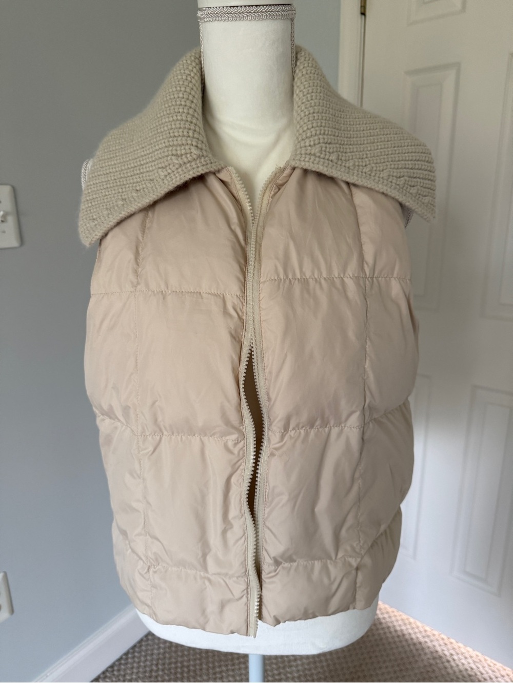 Beige Quilted Knit-Collar Puffer Vest